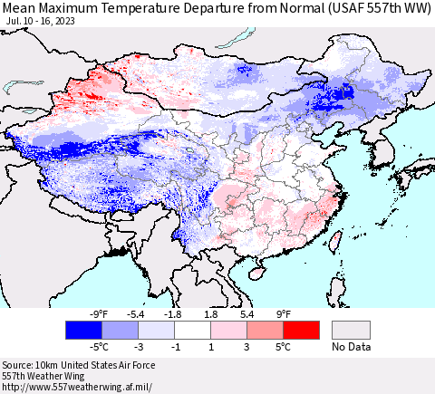 China, Mongolia and Taiwan Mean Maximum Temperature Departure from Normal (USAF 557th WW) Thematic Map For 7/10/2023 - 7/16/2023