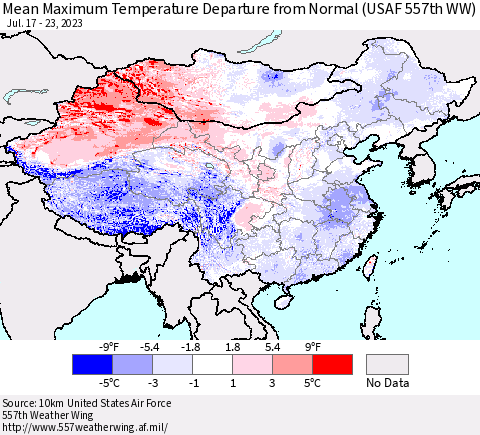 China, Mongolia and Taiwan Mean Maximum Temperature Departure from Normal (USAF 557th WW) Thematic Map For 7/17/2023 - 7/23/2023