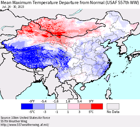 China, Mongolia and Taiwan Mean Maximum Temperature Departure from Normal (USAF 557th WW) Thematic Map For 7/24/2023 - 7/30/2023