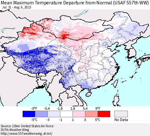 China, Mongolia and Taiwan Mean Maximum Temperature Departure from Normal (USAF 557th WW) Thematic Map For 7/31/2023 - 8/6/2023