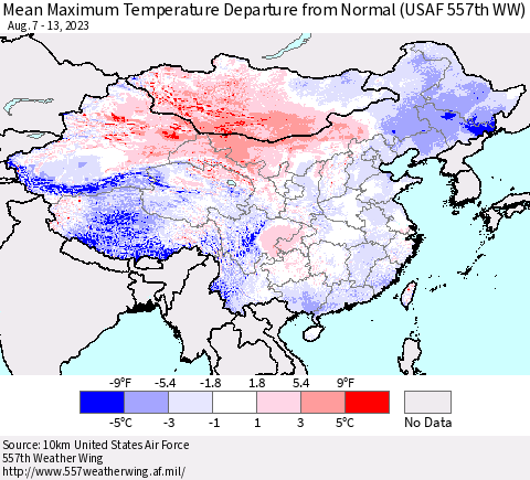 China, Mongolia and Taiwan Mean Maximum Temperature Departure from Normal (USAF 557th WW) Thematic Map For 8/7/2023 - 8/13/2023