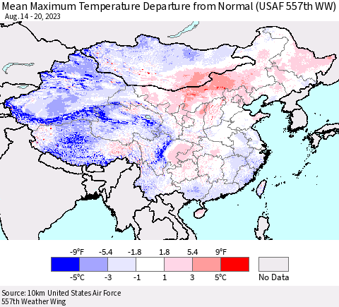 China, Mongolia and Taiwan Mean Maximum Temperature Departure from Normal (USAF 557th WW) Thematic Map For 8/14/2023 - 8/20/2023
