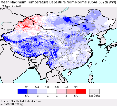 China, Mongolia and Taiwan Mean Maximum Temperature Departure from Normal (USAF 557th WW) Thematic Map For 8/21/2023 - 8/27/2023