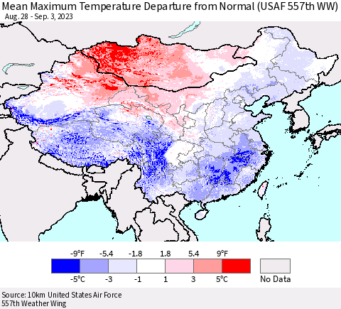 China, Mongolia and Taiwan Mean Maximum Temperature Departure from Normal (USAF 557th WW) Thematic Map For 8/28/2023 - 9/3/2023