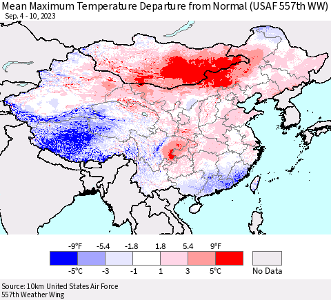 China, Mongolia and Taiwan Mean Maximum Temperature Departure from Normal (USAF 557th WW) Thematic Map For 9/4/2023 - 9/10/2023