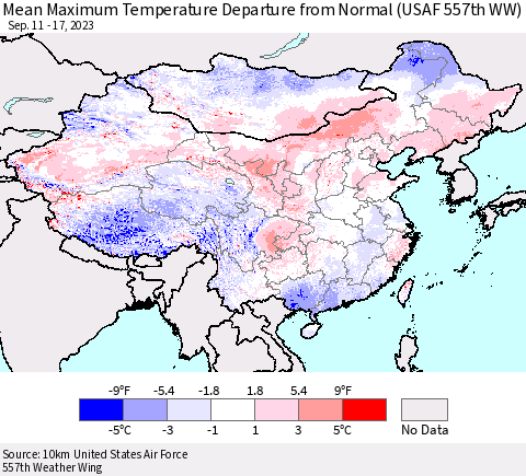 China, Mongolia and Taiwan Mean Maximum Temperature Departure from Normal (USAF 557th WW) Thematic Map For 9/11/2023 - 9/17/2023