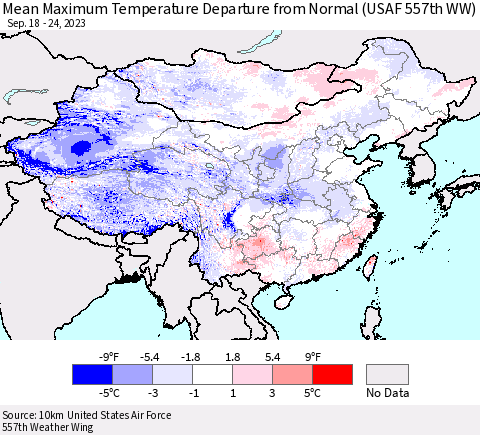 China, Mongolia and Taiwan Mean Maximum Temperature Departure from Normal (USAF 557th WW) Thematic Map For 9/18/2023 - 9/24/2023