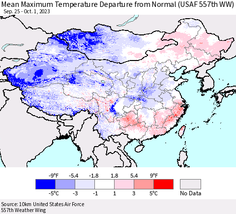 China, Mongolia and Taiwan Mean Maximum Temperature Departure from Normal (USAF 557th WW) Thematic Map For 9/25/2023 - 10/1/2023