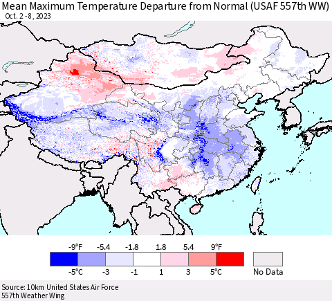 China, Mongolia and Taiwan Mean Maximum Temperature Departure from Normal (USAF 557th WW) Thematic Map For 10/2/2023 - 10/8/2023