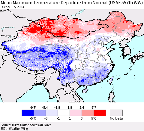 China, Mongolia and Taiwan Mean Maximum Temperature Departure from Normal (USAF 557th WW) Thematic Map For 10/9/2023 - 10/15/2023