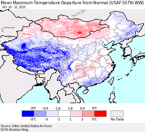 China, Mongolia and Taiwan Mean Maximum Temperature Departure from Normal (USAF 557th WW) Thematic Map For 10/16/2023 - 10/22/2023