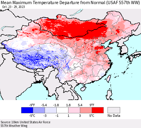 China, Mongolia and Taiwan Mean Maximum Temperature Departure from Normal (USAF 557th WW) Thematic Map For 10/23/2023 - 10/29/2023