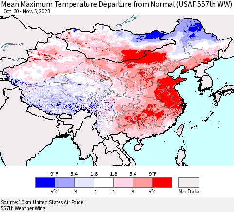 China, Mongolia and Taiwan Mean Maximum Temperature Departure from Normal (USAF 557th WW) Thematic Map For 10/30/2023 - 11/5/2023