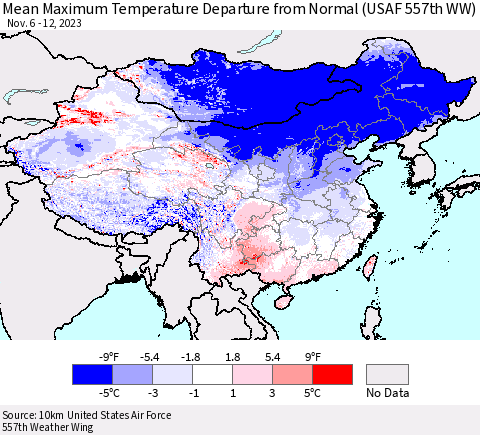 China, Mongolia and Taiwan Mean Maximum Temperature Departure from Normal (USAF 557th WW) Thematic Map For 11/6/2023 - 11/12/2023