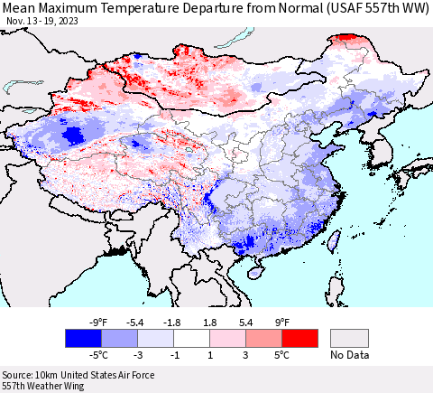 China, Mongolia and Taiwan Mean Maximum Temperature Departure from Normal (USAF 557th WW) Thematic Map For 11/13/2023 - 11/19/2023