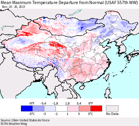 China, Mongolia and Taiwan Mean Maximum Temperature Departure from Normal (USAF 557th WW) Thematic Map For 11/20/2023 - 11/26/2023
