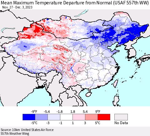 China, Mongolia and Taiwan Mean Maximum Temperature Departure from Normal (USAF 557th WW) Thematic Map For 11/27/2023 - 12/3/2023