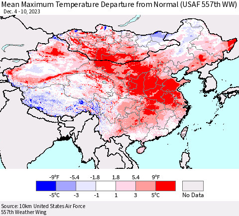 China, Mongolia and Taiwan Mean Maximum Temperature Departure from Normal (USAF 557th WW) Thematic Map For 12/4/2023 - 12/10/2023
