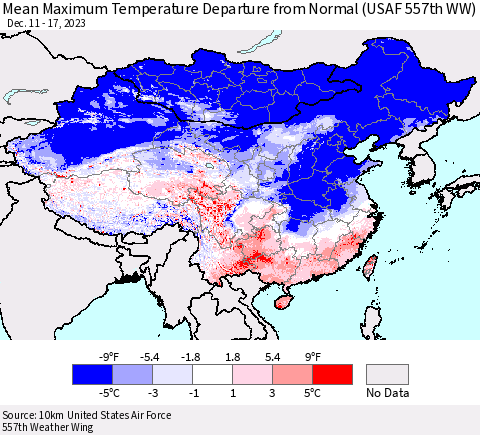 China, Mongolia and Taiwan Mean Maximum Temperature Departure from Normal (USAF 557th WW) Thematic Map For 12/11/2023 - 12/17/2023