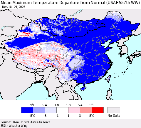 China, Mongolia and Taiwan Mean Maximum Temperature Departure from Normal (USAF 557th WW) Thematic Map For 12/18/2023 - 12/24/2023