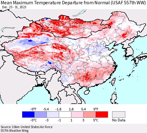 China, Mongolia and Taiwan Mean Maximum Temperature Departure from Normal (USAF 557th WW) Thematic Map For 12/25/2023 - 12/31/2023