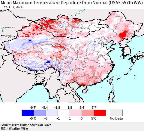 China, Mongolia and Taiwan Mean Maximum Temperature Departure from Normal (USAF 557th WW) Thematic Map For 1/1/2024 - 1/7/2024