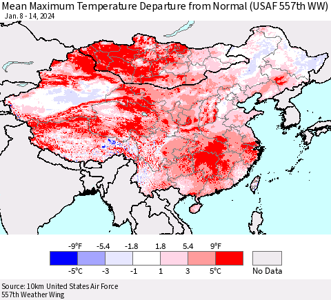China, Mongolia and Taiwan Mean Maximum Temperature Departure from Normal (USAF 557th WW) Thematic Map For 1/8/2024 - 1/14/2024