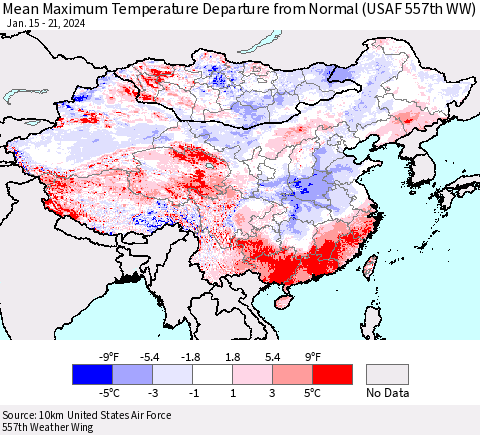 China, Mongolia and Taiwan Mean Maximum Temperature Departure from Normal (USAF 557th WW) Thematic Map For 1/15/2024 - 1/21/2024