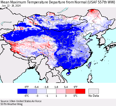 China, Mongolia and Taiwan Mean Maximum Temperature Departure from Normal (USAF 557th WW) Thematic Map For 1/22/2024 - 1/28/2024
