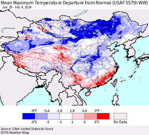 China, Mongolia and Taiwan Mean Maximum Temperature Departure from Normal (USAF 557th WW) Thematic Map For 1/29/2024 - 2/4/2024