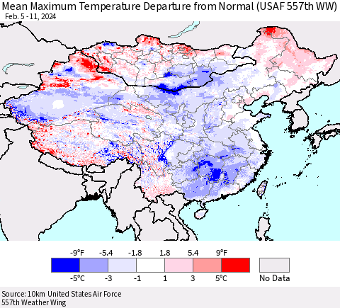 China, Mongolia and Taiwan Mean Maximum Temperature Departure from Normal (USAF 557th WW) Thematic Map For 2/5/2024 - 2/11/2024