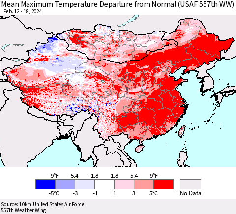 China, Mongolia and Taiwan Mean Maximum Temperature Departure from Normal (USAF 557th WW) Thematic Map For 2/12/2024 - 2/18/2024
