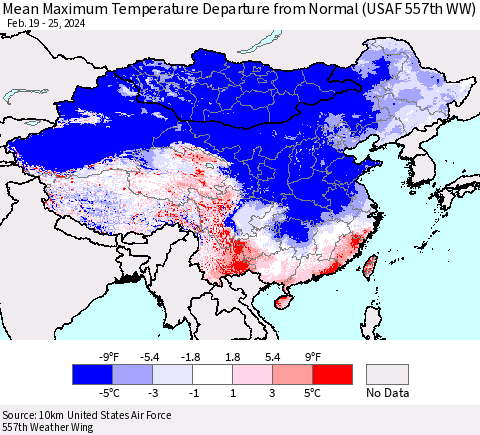 China, Mongolia and Taiwan Mean Maximum Temperature Departure from Normal (USAF 557th WW) Thematic Map For 2/19/2024 - 2/25/2024