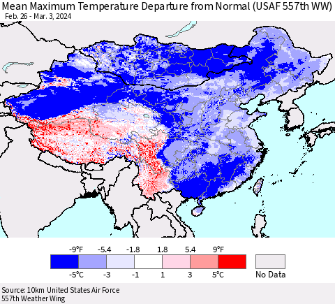 China, Mongolia and Taiwan Mean Maximum Temperature Departure from Normal (USAF 557th WW) Thematic Map For 2/26/2024 - 3/3/2024