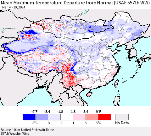 China, Mongolia and Taiwan Mean Maximum Temperature Departure from Normal (USAF 557th WW) Thematic Map For 3/4/2024 - 3/10/2024