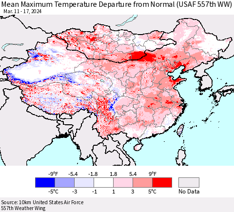 China, Mongolia and Taiwan Mean Maximum Temperature Departure from Normal (USAF 557th WW) Thematic Map For 3/11/2024 - 3/17/2024