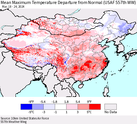 China, Mongolia and Taiwan Mean Maximum Temperature Departure from Normal (USAF 557th WW) Thematic Map For 3/18/2024 - 3/24/2024