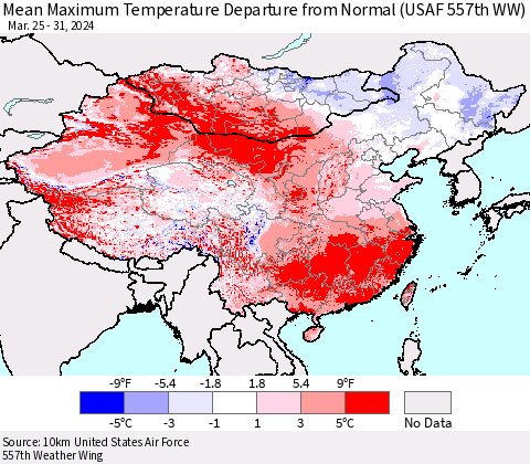China, Mongolia and Taiwan Mean Maximum Temperature Departure from Normal (USAF 557th WW) Thematic Map For 3/25/2024 - 3/31/2024
