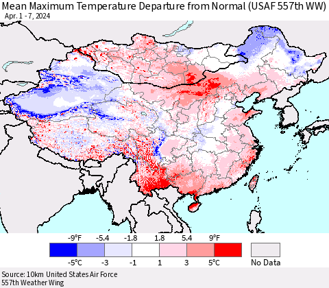 China, Mongolia and Taiwan Mean Maximum Temperature Departure from Normal (USAF 557th WW) Thematic Map For 4/1/2024 - 4/7/2024