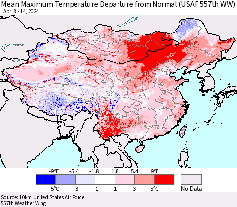 China, Mongolia and Taiwan Mean Maximum Temperature Departure from Normal (USAF 557th WW) Thematic Map For 4/8/2024 - 4/14/2024