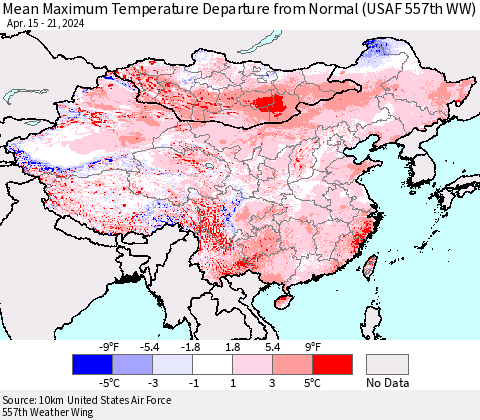 China, Mongolia and Taiwan Mean Maximum Temperature Departure from Normal (USAF 557th WW) Thematic Map For 4/15/2024 - 4/21/2024