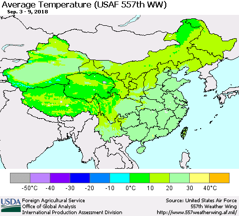 China and Taiwan Average Temperature (USAF 557th WW) Thematic Map For 9/3/2018 - 9/9/2018
