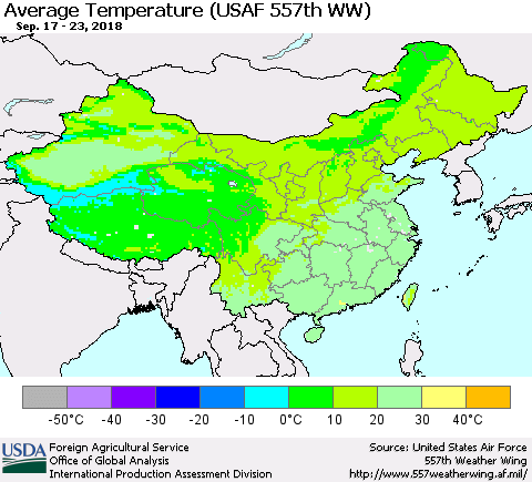China and Taiwan Average Temperature (USAF 557th WW) Thematic Map For 9/17/2018 - 9/23/2018