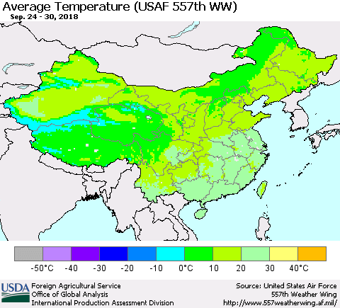 China and Taiwan Average Temperature (USAF 557th WW) Thematic Map For 9/24/2018 - 9/30/2018