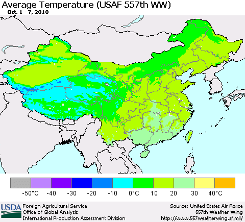 China and Taiwan Average Temperature (USAF 557th WW) Thematic Map For 10/1/2018 - 10/7/2018
