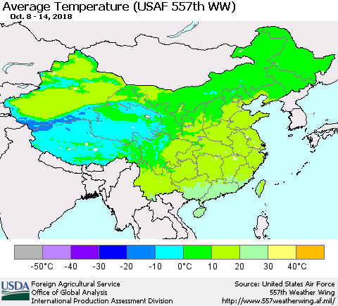 China and Taiwan Average Temperature (USAF 557th WW) Thematic Map For 10/8/2018 - 10/14/2018