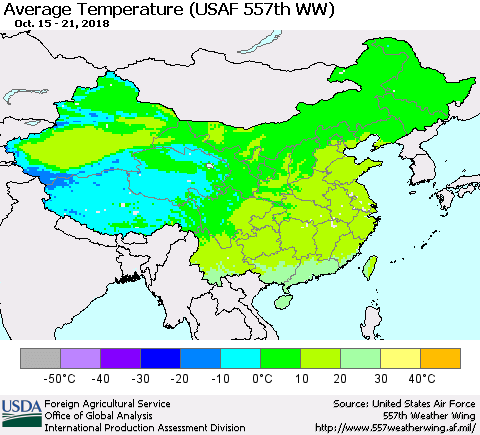 China, Mongolia and Taiwan Average Temperature (USAF 557th WW) Thematic Map For 10/15/2018 - 10/21/2018