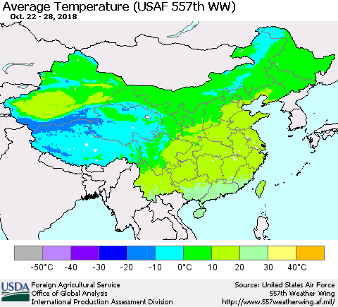 China and Taiwan Average Temperature (USAF 557th WW) Thematic Map For 10/22/2018 - 10/28/2018