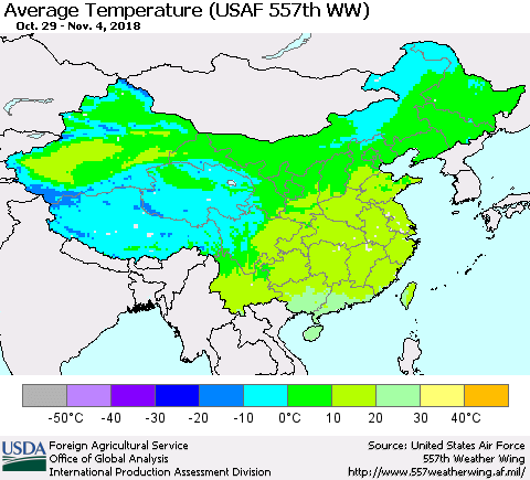 China, Mongolia and Taiwan Average Temperature (USAF 557th WW) Thematic Map For 10/29/2018 - 11/4/2018