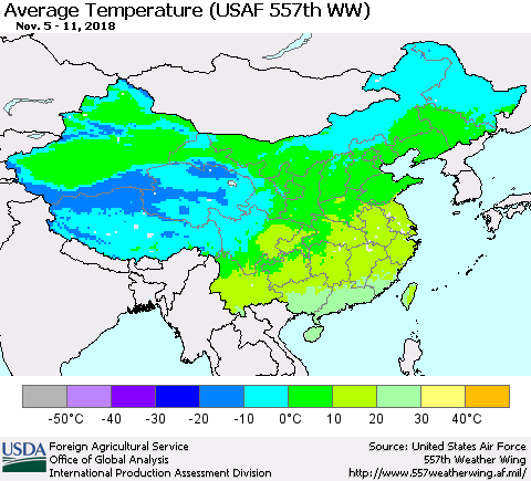 China, Mongolia and Taiwan Average Temperature (USAF 557th WW) Thematic Map For 11/5/2018 - 11/11/2018